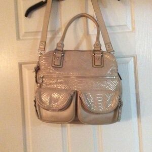 Beige and metallic silver XL leather tote NWT